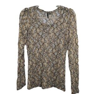 BKE Buckle Sheer Lace Embroidered Long Sleeve Top Crm Gold Blk Size M Glam
